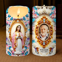 Load image into Gallery viewer, &quot;Illuminate their memory with grace - Remembrance Virgin Mary Custom Photo LED Candle Gift for Loved Ones&quot; Led Candle PopCulturePrints
