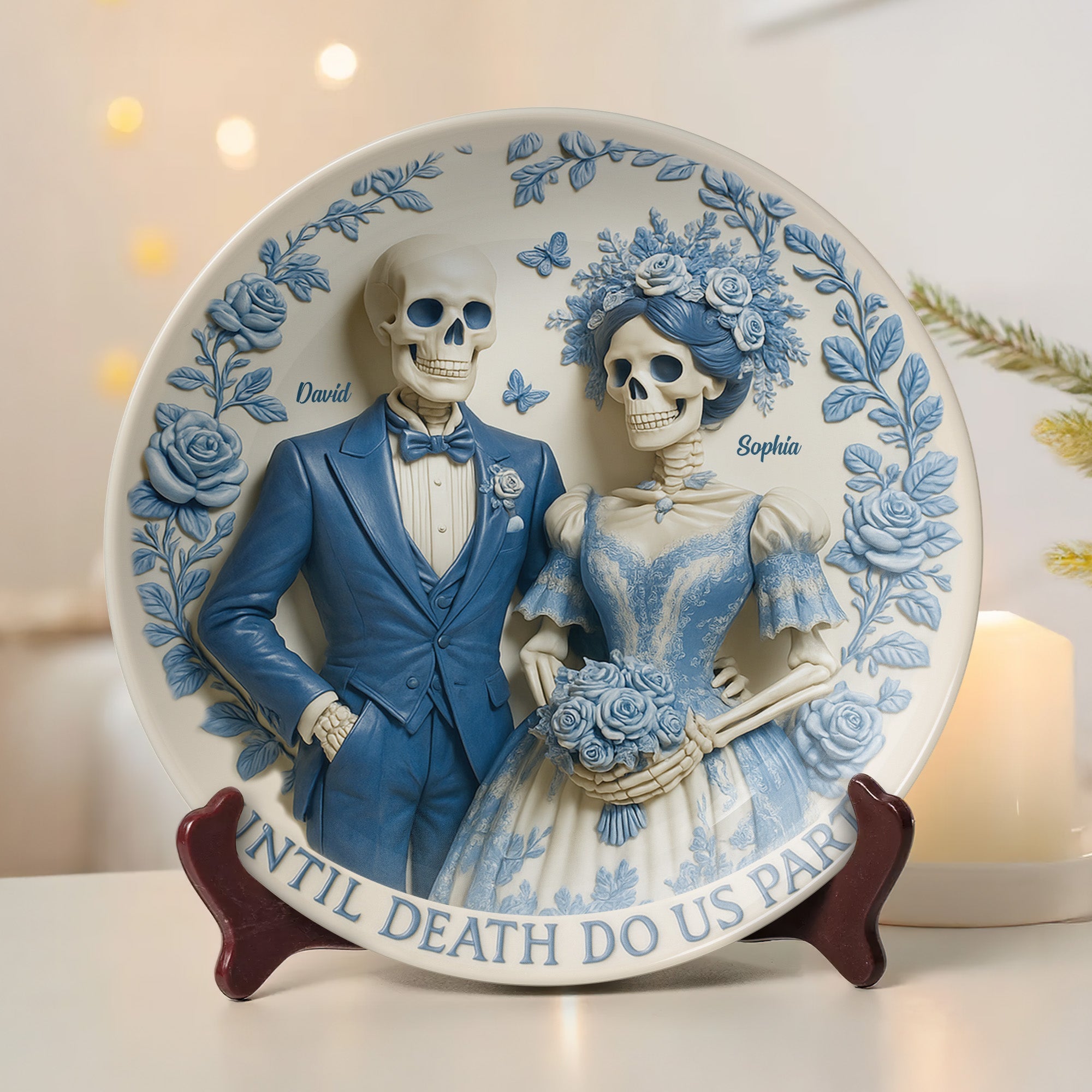 “Until Death Do Us Part” - Unique Personalized Skull Couple Ceramic Plate - Custom Gift for Couples, Weddings, Anniversaries Ceramic Round Plate PopCulturePrints