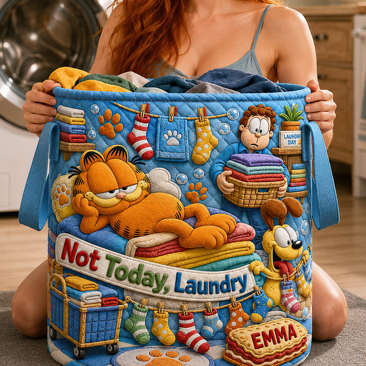 Lazy Cat Quilted Laundry Basket - Personalized Gifts 03HADT180726 Laundry Basket PopCulturePrints