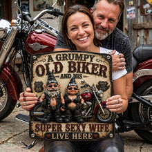Load image into Gallery viewer, "A Grumpy Old Biker and His Super Sexy Wife" - Personalized Biker Couple Gnome Metal Sign - Perfect Gift for Biker Couples
