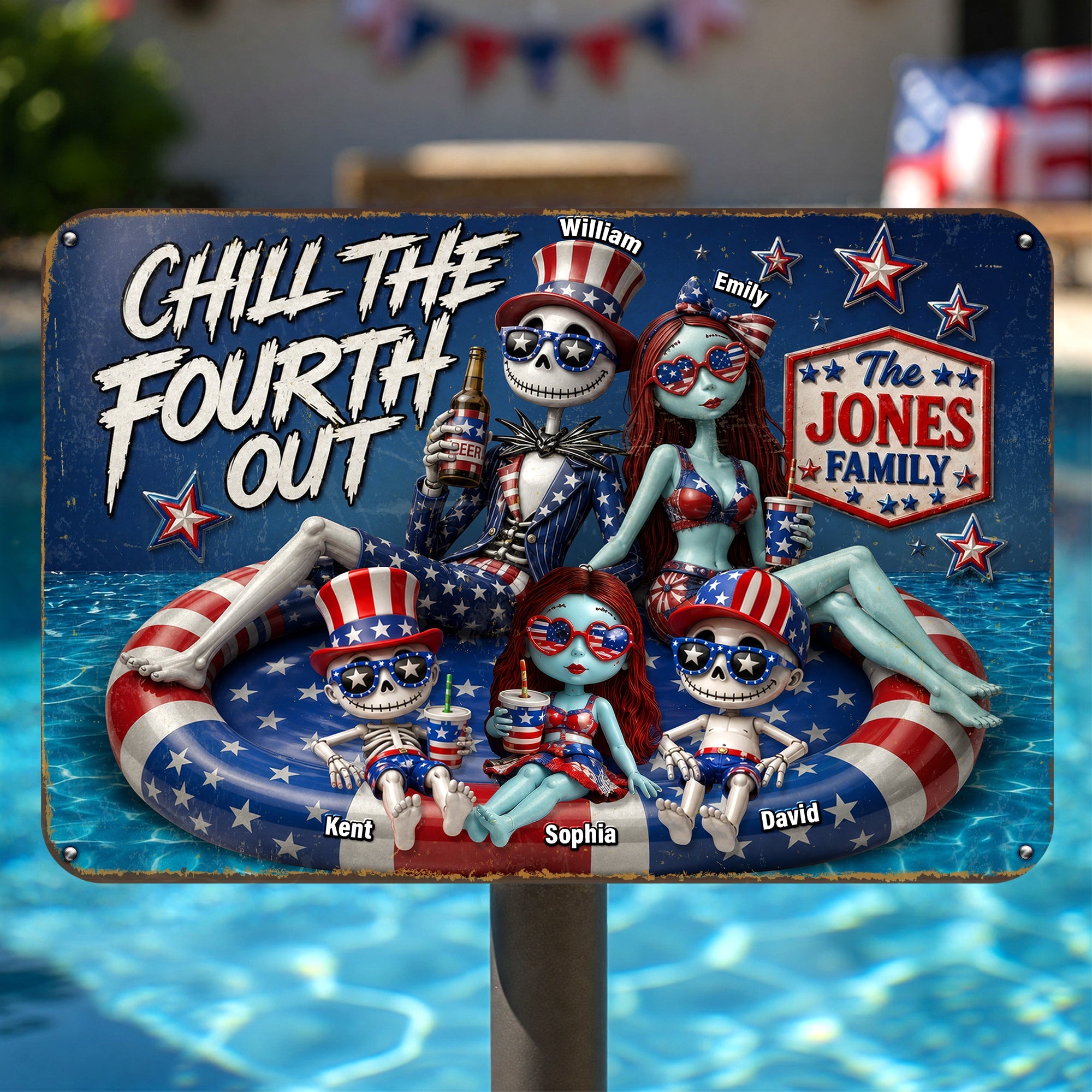 Chill The Fourth Out - Fun Patriotic Family Pool Sign - Personalized Family Decor Metal Signs PopCulturePrints