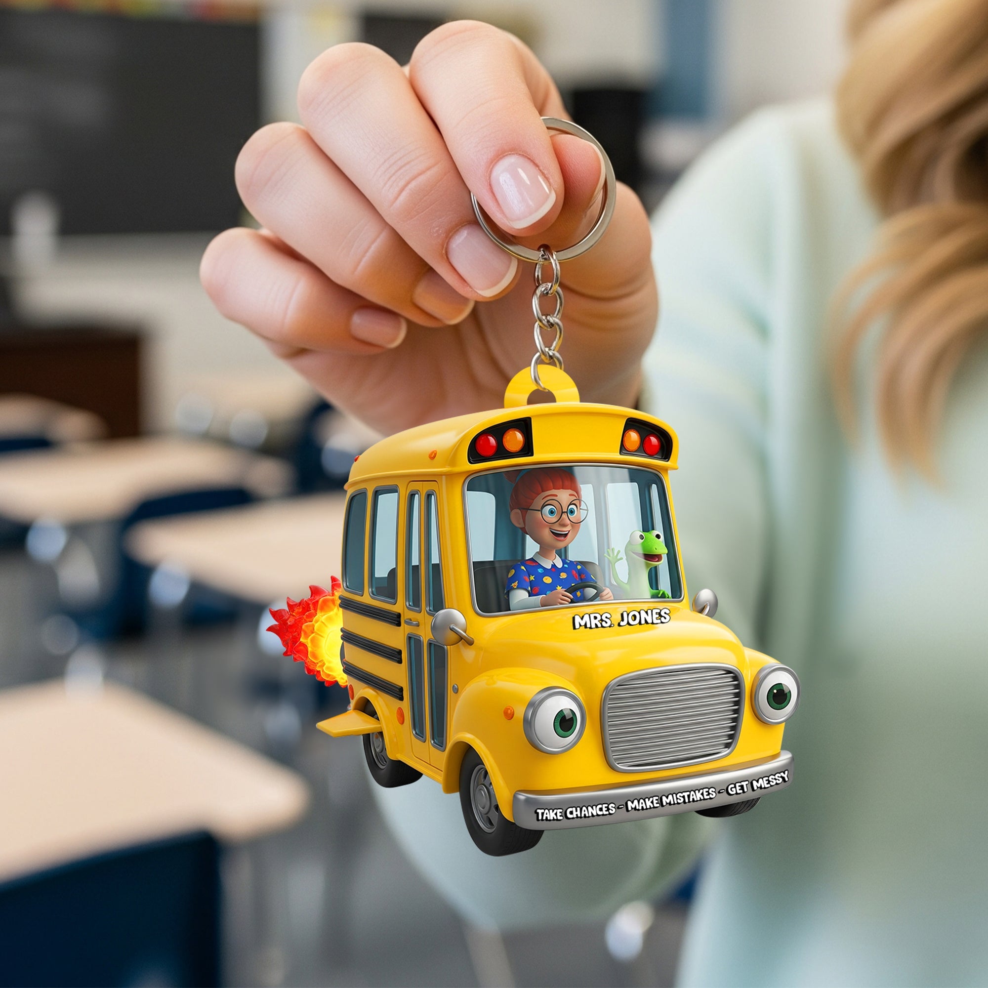 "Take Chances - Make Mistakes - Get Messy!" - Adventure School Bus Acrylic Keychain - Personalized Custom Photo Gifts for Teachers Keychains PopCulturePrints
