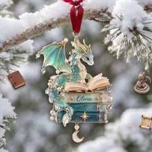 Load image into Gallery viewer, “Ignite Your Imagination” - Book Dragon Sea Glass Acrylic Ornament - Personalized Gift for Book Lovers
