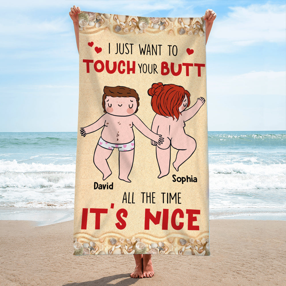 Personalized Beach Towel for Couples - Fun Touch Your Butt Design Beach Towel PopCulturePrints
