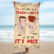 Load image into Gallery viewer, Personalized Beach Towel for Couples - Fun Touch Your Butt Design Beach Towel PopCulturePrints
