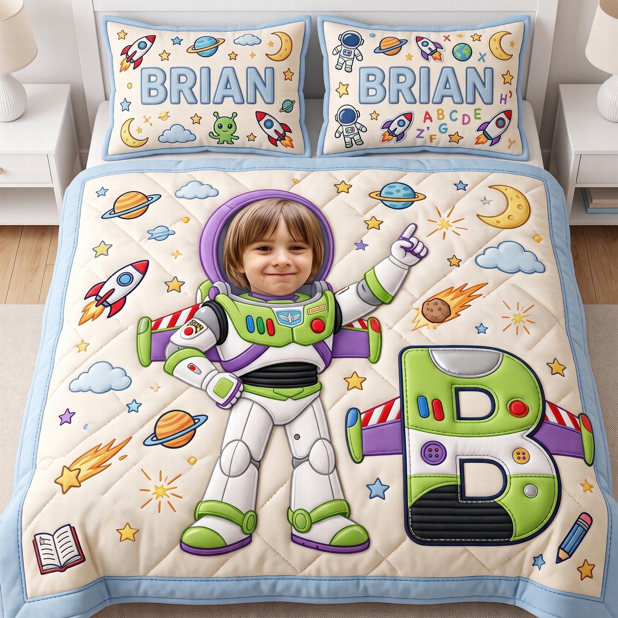 “Blast Off to Dreamland!” - Custom Photo Rocket Space Quilt Bed Set - Personalized Gift for Kids Bedding Set PopCulturePrints