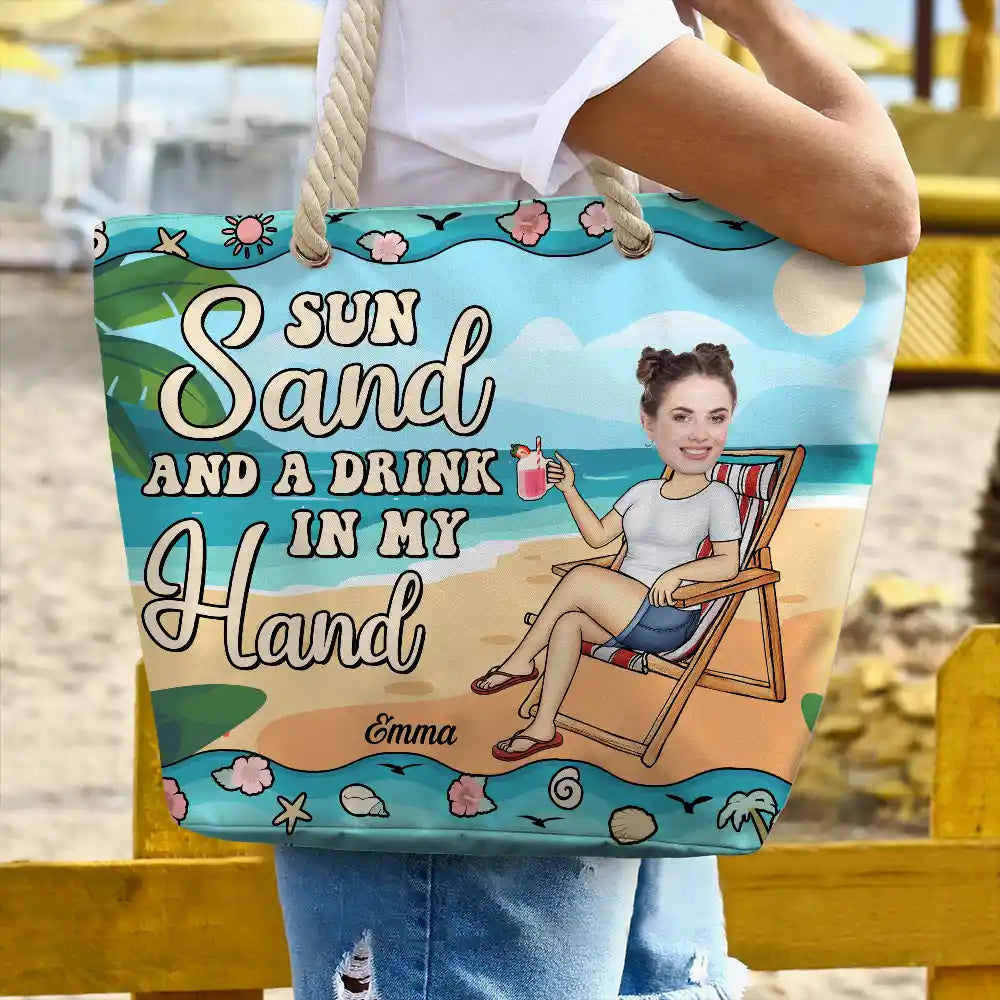 Sun, Sand, and a Drink in My Hand - Personalized Beach Bag Beach Bag PopCulturePrints