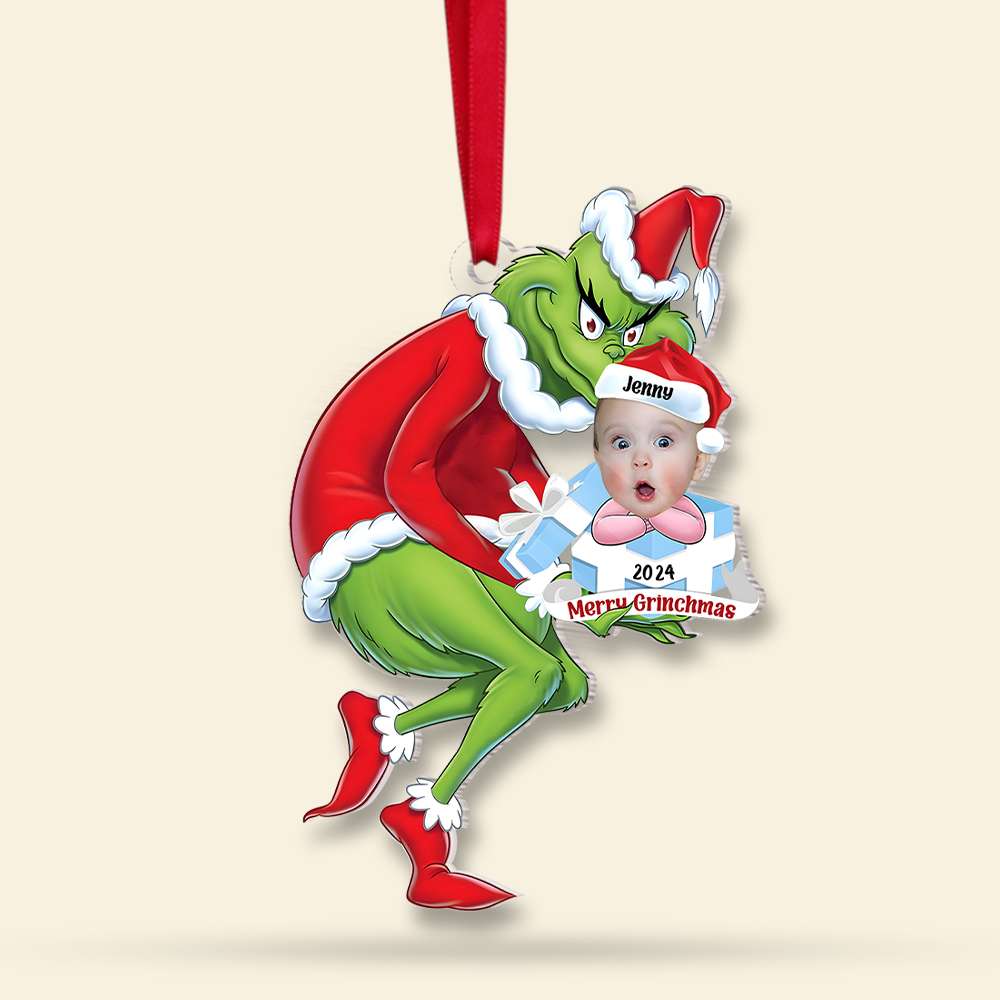 Personalized Baby Face Christmas Ornament with Grinch Design - Custom Photo Gift, 2024