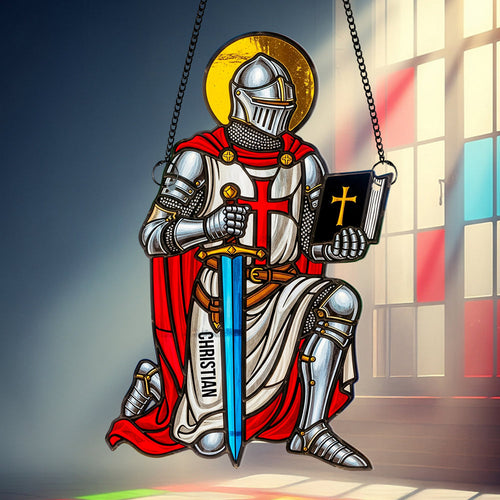 “Faith is the Shield of the Heart” - Personalized Christian Knight Suncatcher Ornament - Perfect Gift for Believers and Loved Ones Ornament PopCulturePrints