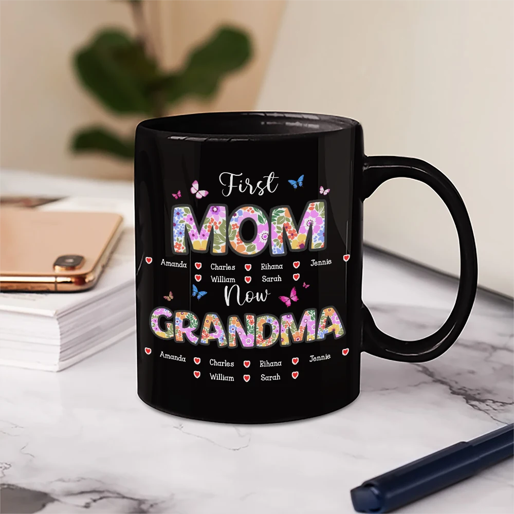 First Mom Now Grandma - Custom Personalized Mug with Butterfly Flower Design Mug PopCulturePrints
