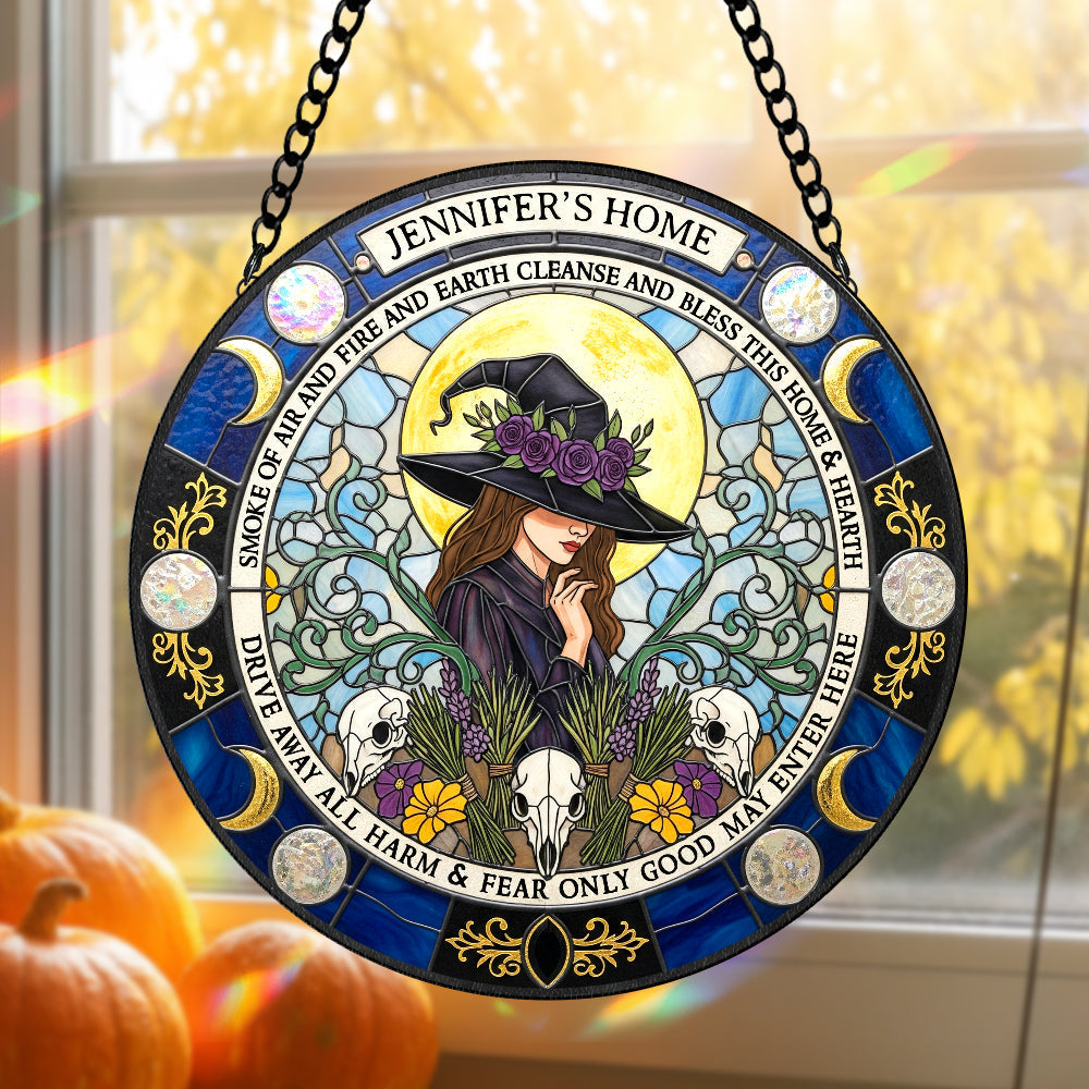 “Bless This Home with Magic” - Personalized Blessings Witch House Stained Glass Suncatcher - Gift for Witch Lovers Ornament PopCulturePrints