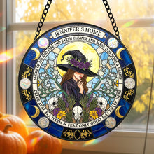 Load image into Gallery viewer, “Bless This Home with Magic” - Personalized Blessings Witch House Stained Glass Suncatcher - Gift for Witch Lovers Ornament PopCulturePrints
