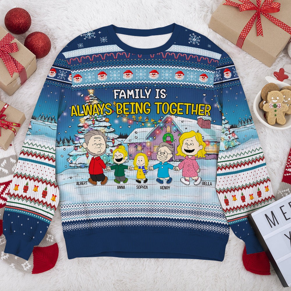 Personalized Cartoon Family Walking Hand In Hand Ugly Christmas Sweater