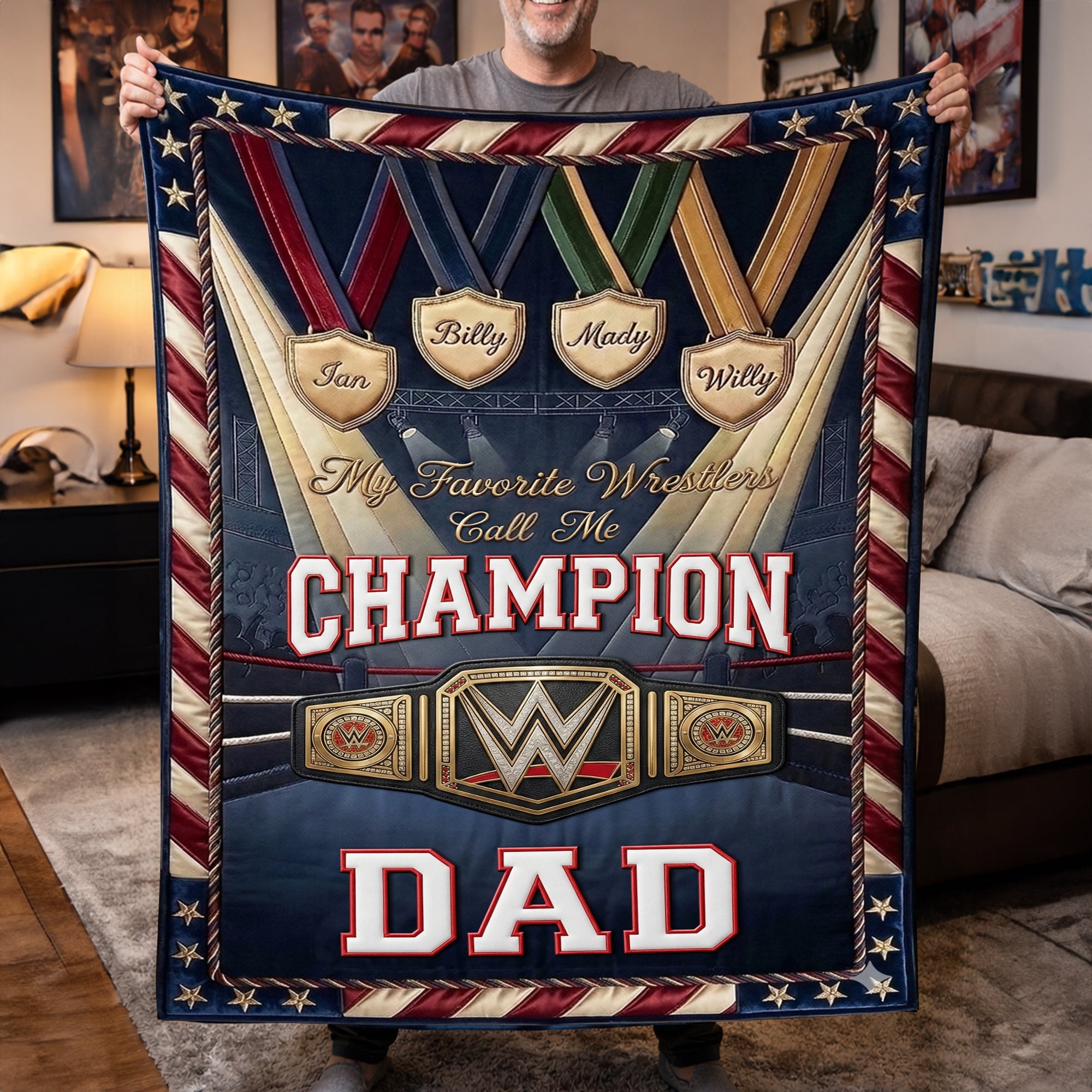 "My Favorite Wrestlers Call Me Champion Dad" - Personalized Wrestling Champion Blanket - Unique Gift for Dad and Grandpa Blanket PopCulturePrints