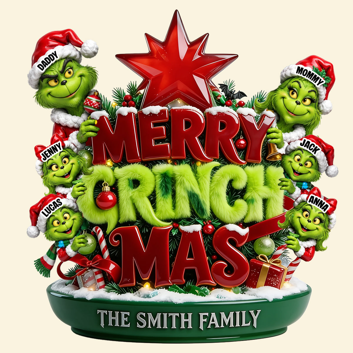 Merry Grinchmas Family Tree Topper - Personalized Christmas Gift for Family