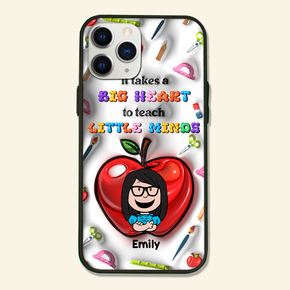 Personalized Teacher Appreciation Phone Case with Cartoon Character – 'It Takes a Big Heart to Teach Little Minds'