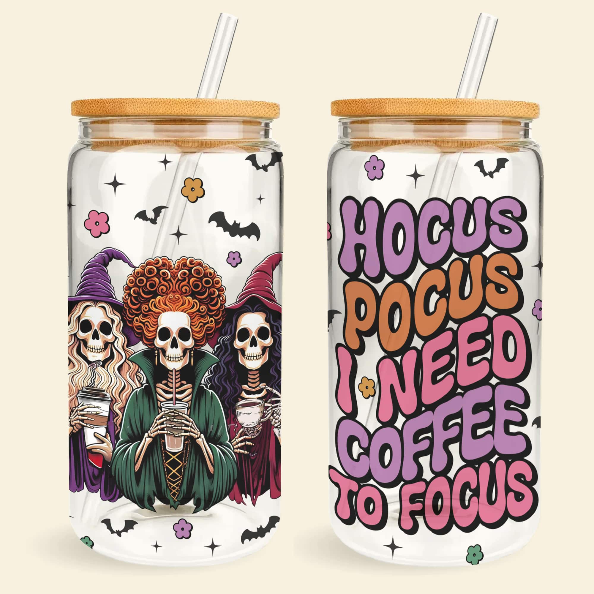 Personalized Halloween Coffee Glass Can - Hocus Pocus Design