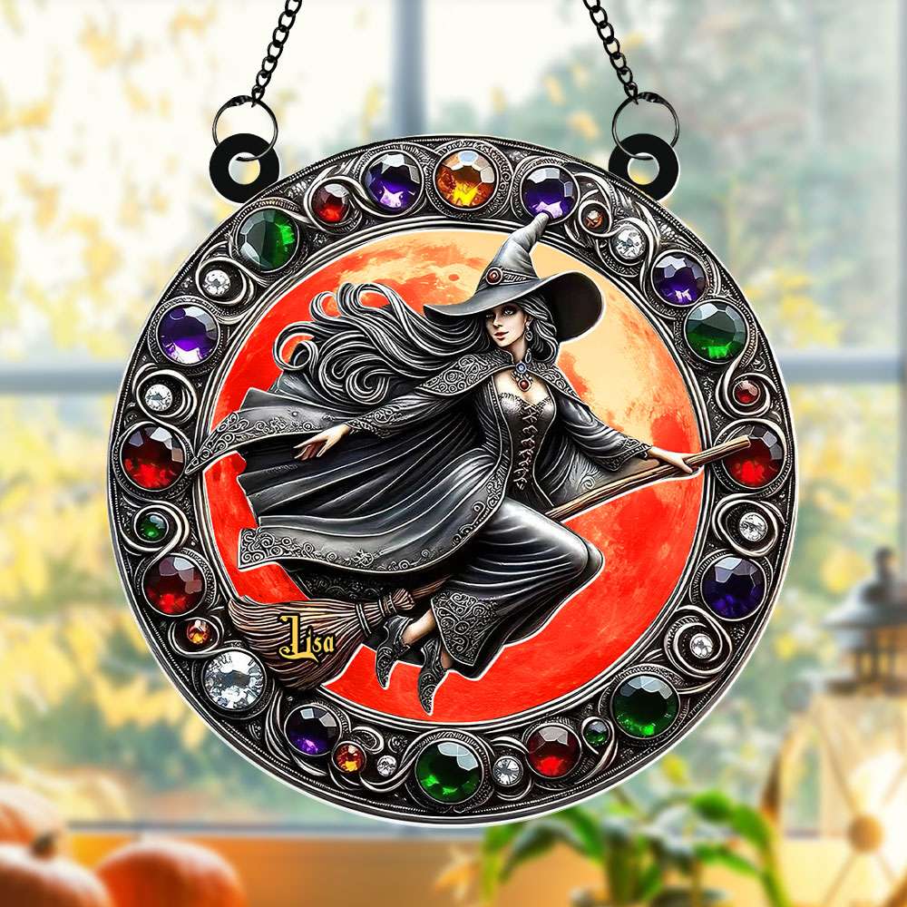 Personalized 3D Halloween Witch Sun Catcher - Round Shaped Home Decor