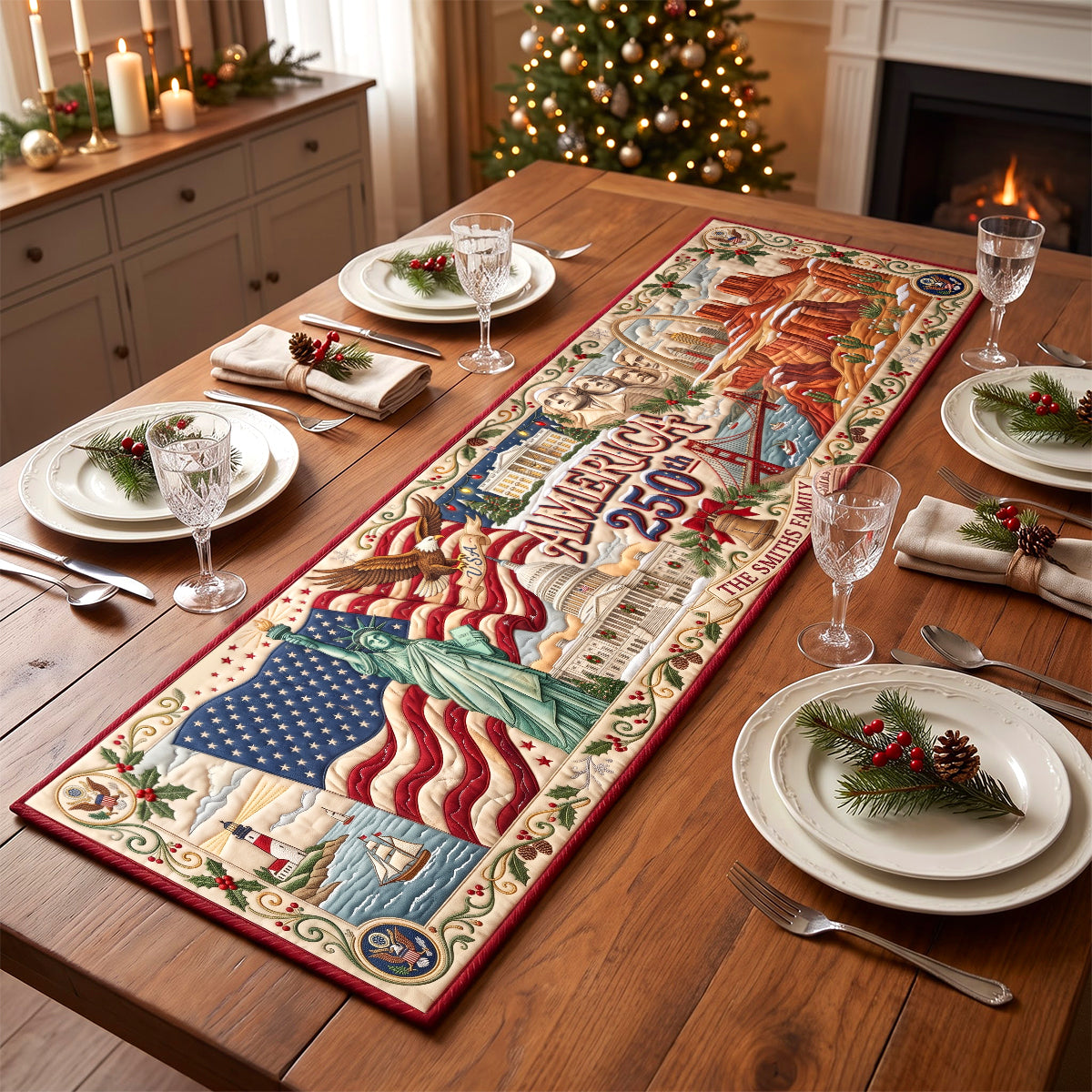 Celebrate Freedom: USA 250th Christmas Quilted Table Runner - Personalize Your Family Gift