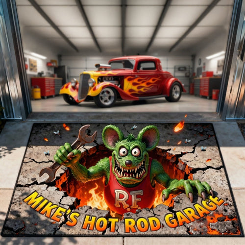 “Welcome to the Garage” - Hot Rod Garage Doormat - Personalized Gift for Hot Rod Lovers Doormat PopCulturePrints