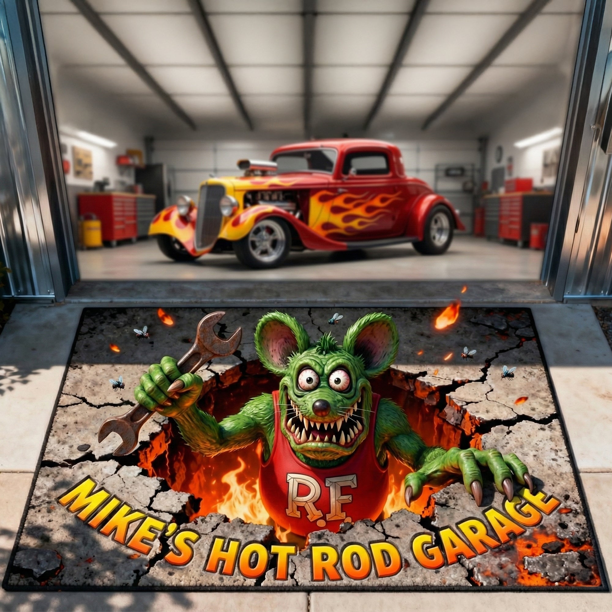 Rev up Your Entrance: Playful Hot Rod Garage Doormat - Personalized Gifts for Hot Rod Lovers
