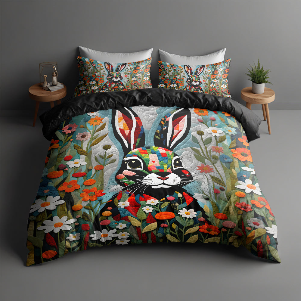 Whimsical Rabbit Lovers Quilt Bed Set - Colorful Floral Designs Blanket PopCulturePrints