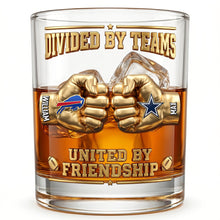Load image into Gallery viewer, "Divided By Teams, United By Friendship" - Sport Lover Friendship Round Glass - Personalized Gift for Sports Fans Glass PopCulturePrints
