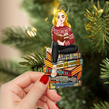 Load image into Gallery viewer, Personalized Book Lover Christmas Ornament - Girl Reading on Book Stack
