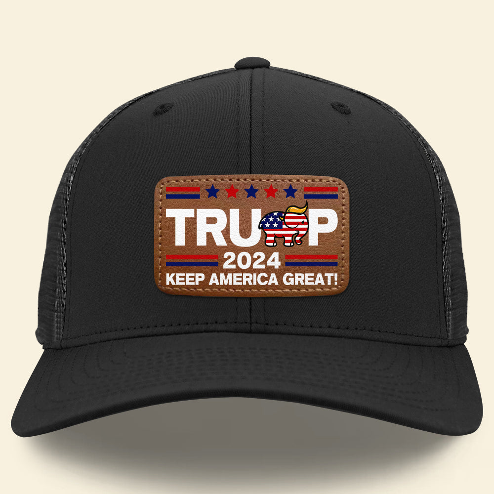 Patriotic Leather Patch Hat - Keep America Great 2024 Caps PopCulturePrints