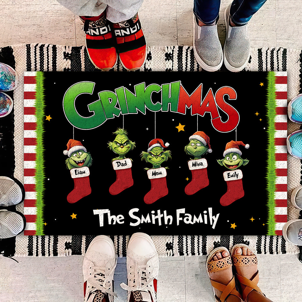 Personalized Grinch-Themed Christmas Family Door Mat Doormat PopCulturePrints