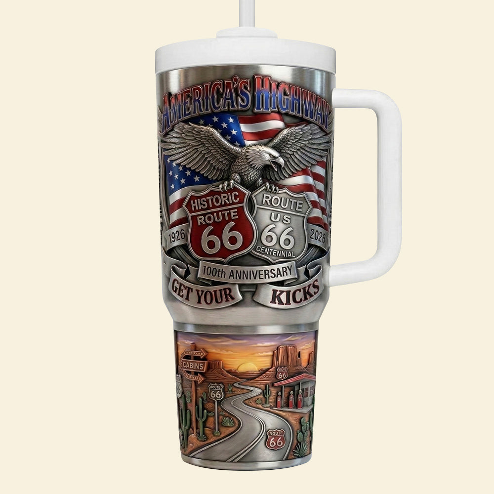 Get Your Kicks on Route 66 - Personalized Centennial Celebration Tumbler for Adventure Seekers Tumbler Cup PopCulturePrints