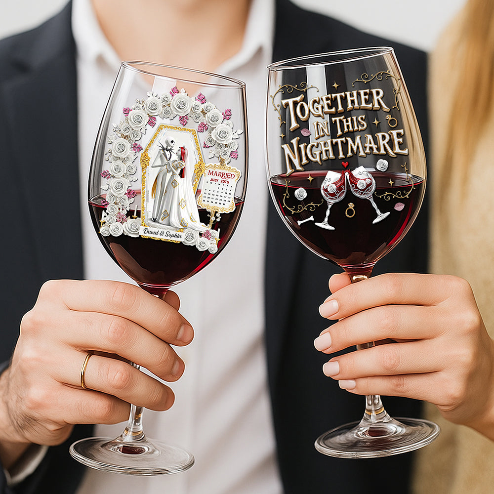Together in This Nightmare - Gothic Wedding Wine Glass - Personalized Gifts for Couples Wine Glass PopCulturePrints