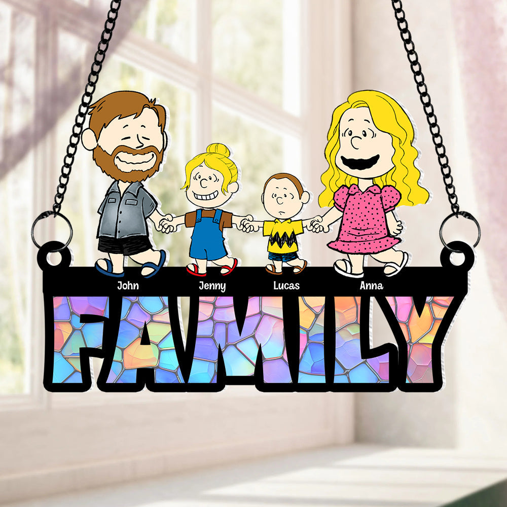 Personalized Family Cartoon Suncatcher Ornament - Custom Name Gift