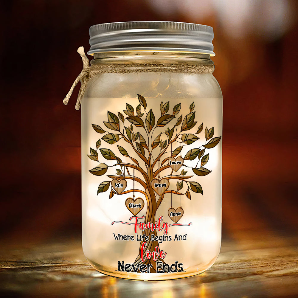 Custom Family Tree Mason Jar Light - Where Life Begins and Love Never Ends Drink Jar PopCulturePrints