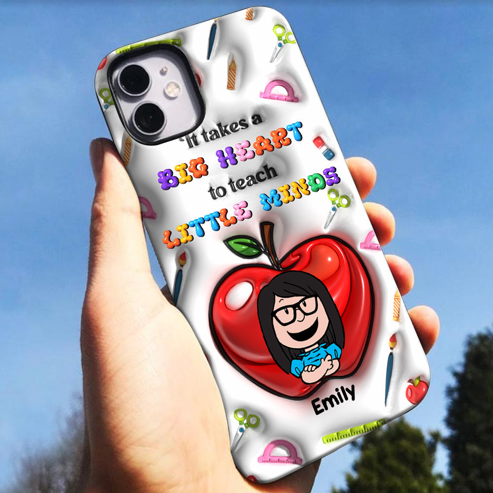 Personalized Teacher Appreciation Phone Case with Cartoon Character – 'It Takes a Big Heart to Teach Little Minds'