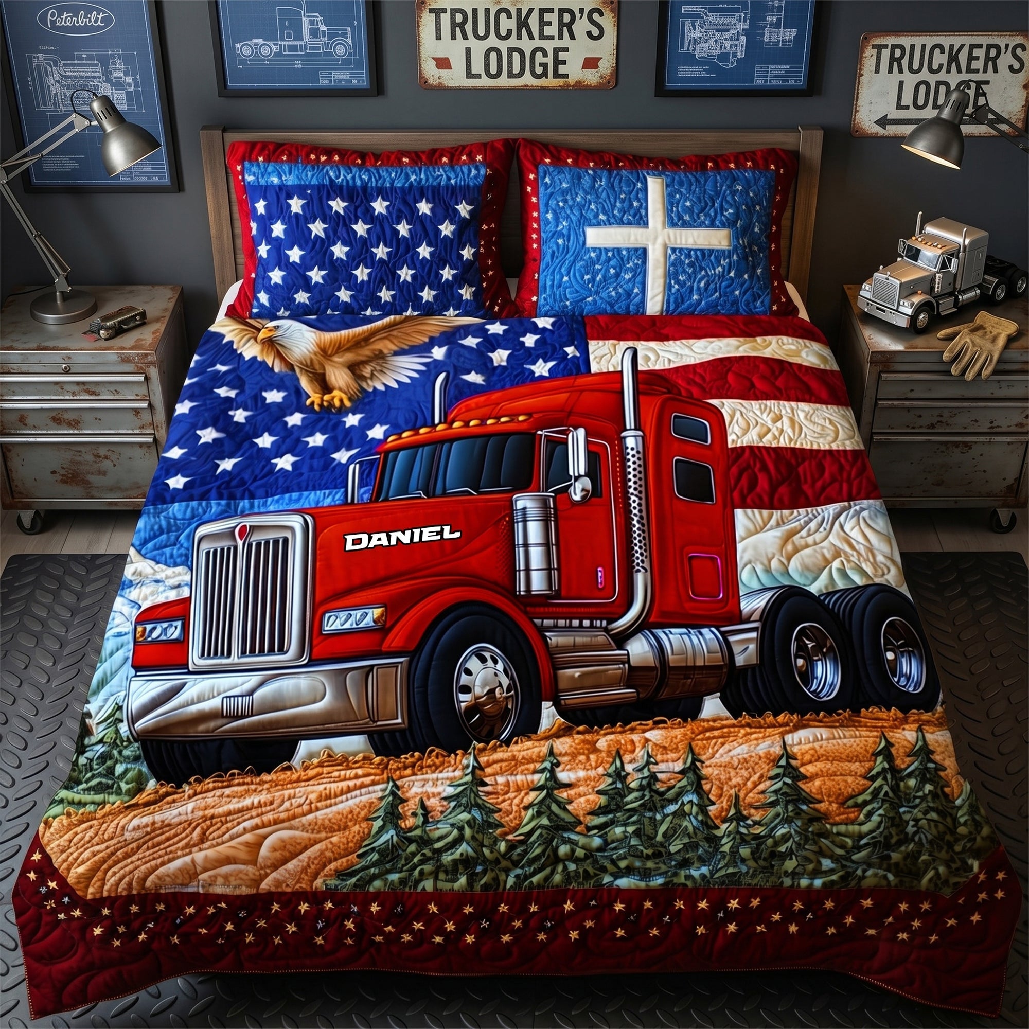 Drive Your Dreams - Patriotic Semi Truck Quilt Set - Custom Gifts for Road Warriors