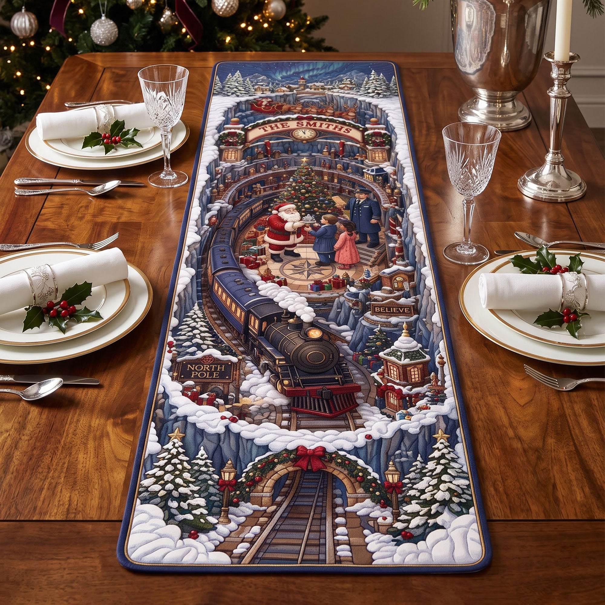 "Celebrate the Season with Joy! - Winter Holiday Train Quilted Table Runner - Personalized Gift for Loved Ones, Family & Friends"