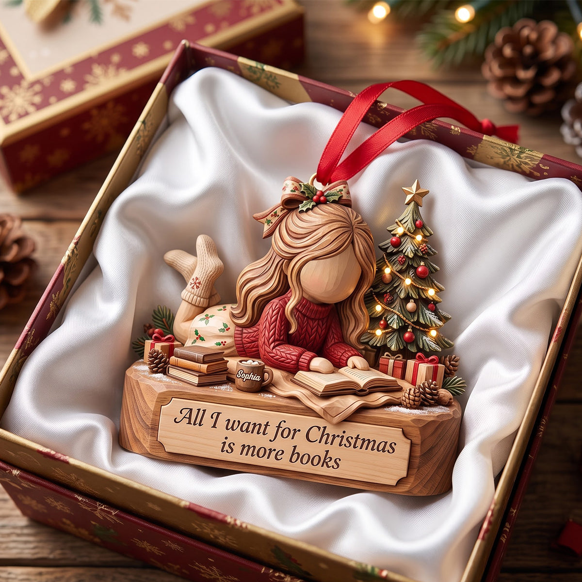 All I Want for Christmas is More Books - Bookish Girl Christmas Custom Shape Ornament | Perfect Personalized Gift for Book Lovers