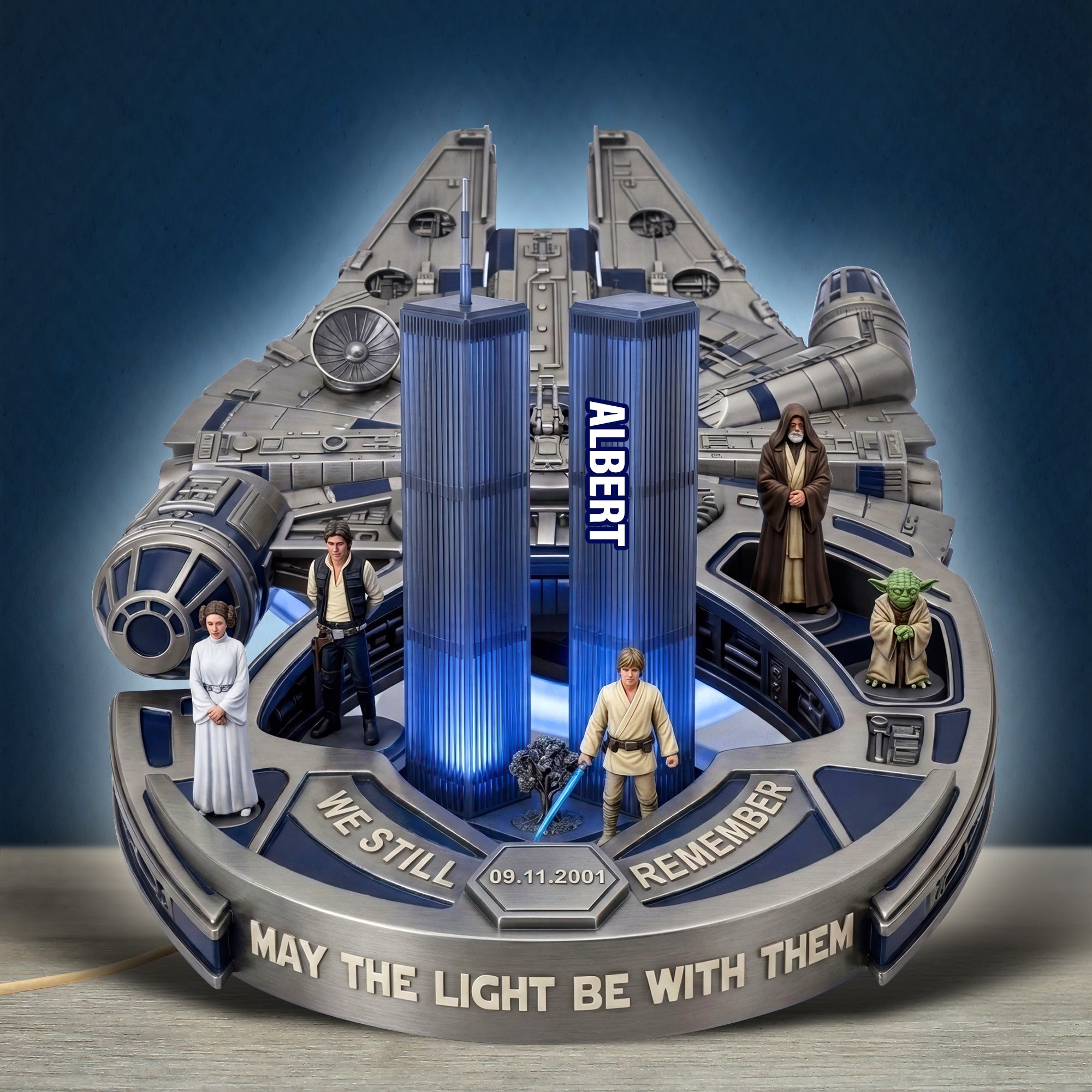 “May the Light Be With Them” - Sci Fi Space Memorial Statue Acrylic Light Box - Personalized Gifts for Fans of Space and Sci-Fi