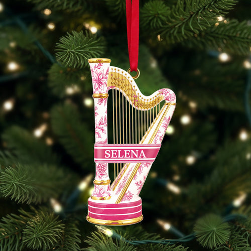 “Note the Melody of Memories” - Harp Toile de Jouy Ornament - Personalized Gift for Music Lovers Ornament PopCulturePrints