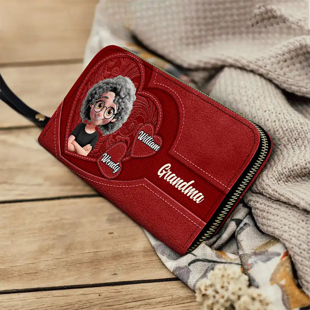 "Cherish the Moments, Grandma's Heart Full of Love" - Personalized Leather Long Wallet - Gift for Grandma, Mom, and Loved Ones Leather Long Wallet PopCulturePrints