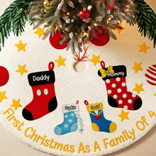 Load image into Gallery viewer, Celebrate Your First Christmas as a Family of 4 - Personalized Holiday Stocking Quilted Tree Skirt Tree Skirt PopCulturePrints
