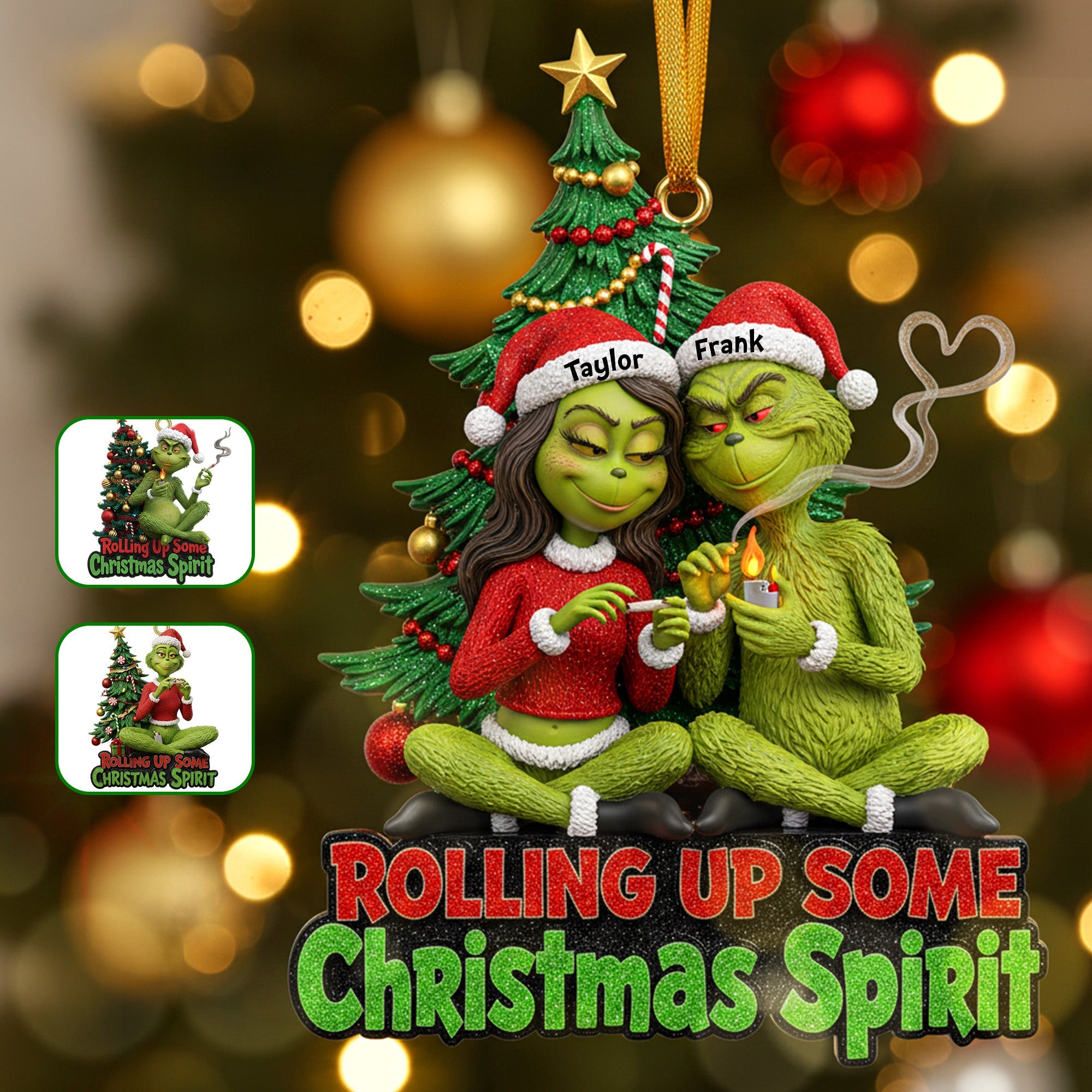 "Rolling Up Some Christmas Spirit" - Personalized Green Monster Smoker Couple Christmas Ornament - Custom Gift for Couples, Friends, and Family Ornament PopCulturePrints