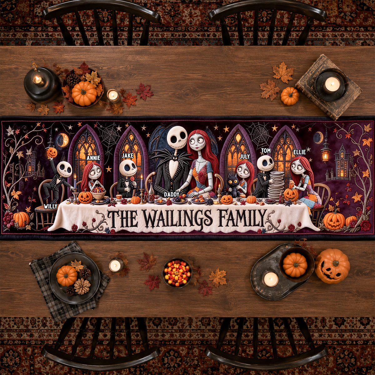 “Embrace the Spookiness!” - Mystical Spooky Family Quilted Table Runner - Personalized Custom Gift for Halloween Celebrations Quilted Table Runner PopCulturePrints