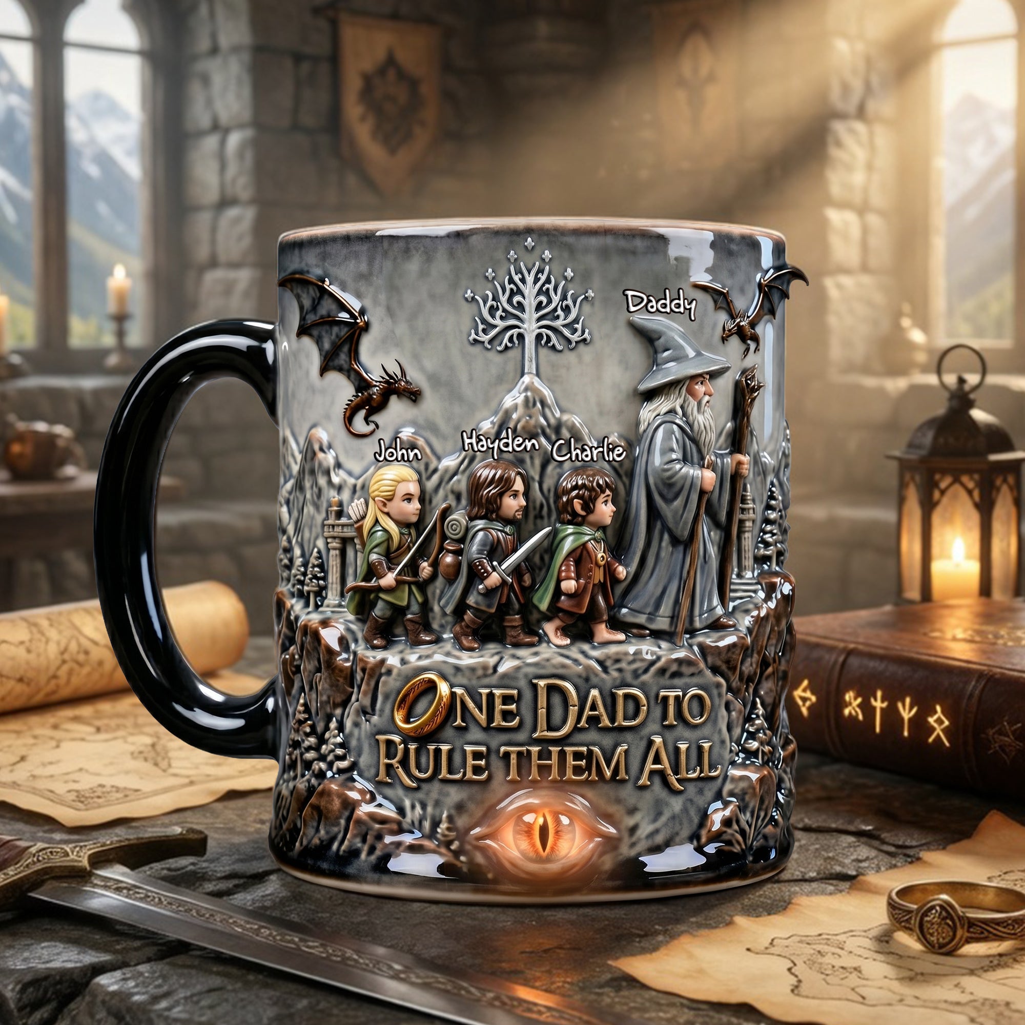 One Dad to Rule Them All - Fantasy Squad Dad Magic Mug - Personalized Gifts for Dads Coffee Mug PopCulturePrints