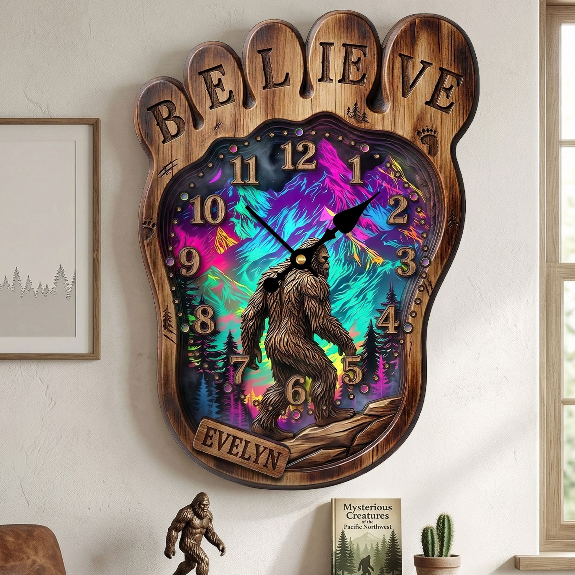 "Believe in the Legend" - Sasquatch Acrylic Hanging Wall Clock - Personalized Gift for Bigfoot Lovers Hanging Wall Clock PopCulturePrints
