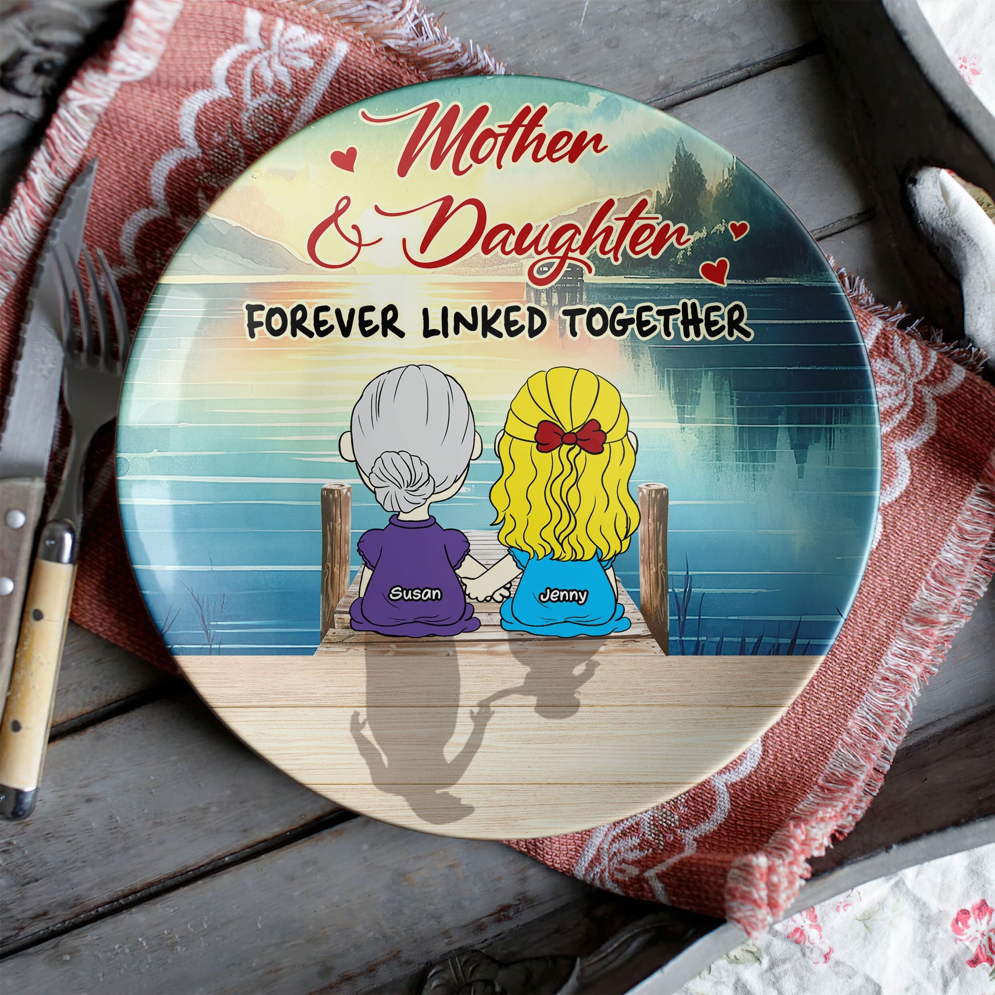 "Forever Linked Together" - Personalized Ceramic Round Plate - Perfect Gift for Mom, Grandma, and Daughters Ceramic Round Plate PopCulturePrints