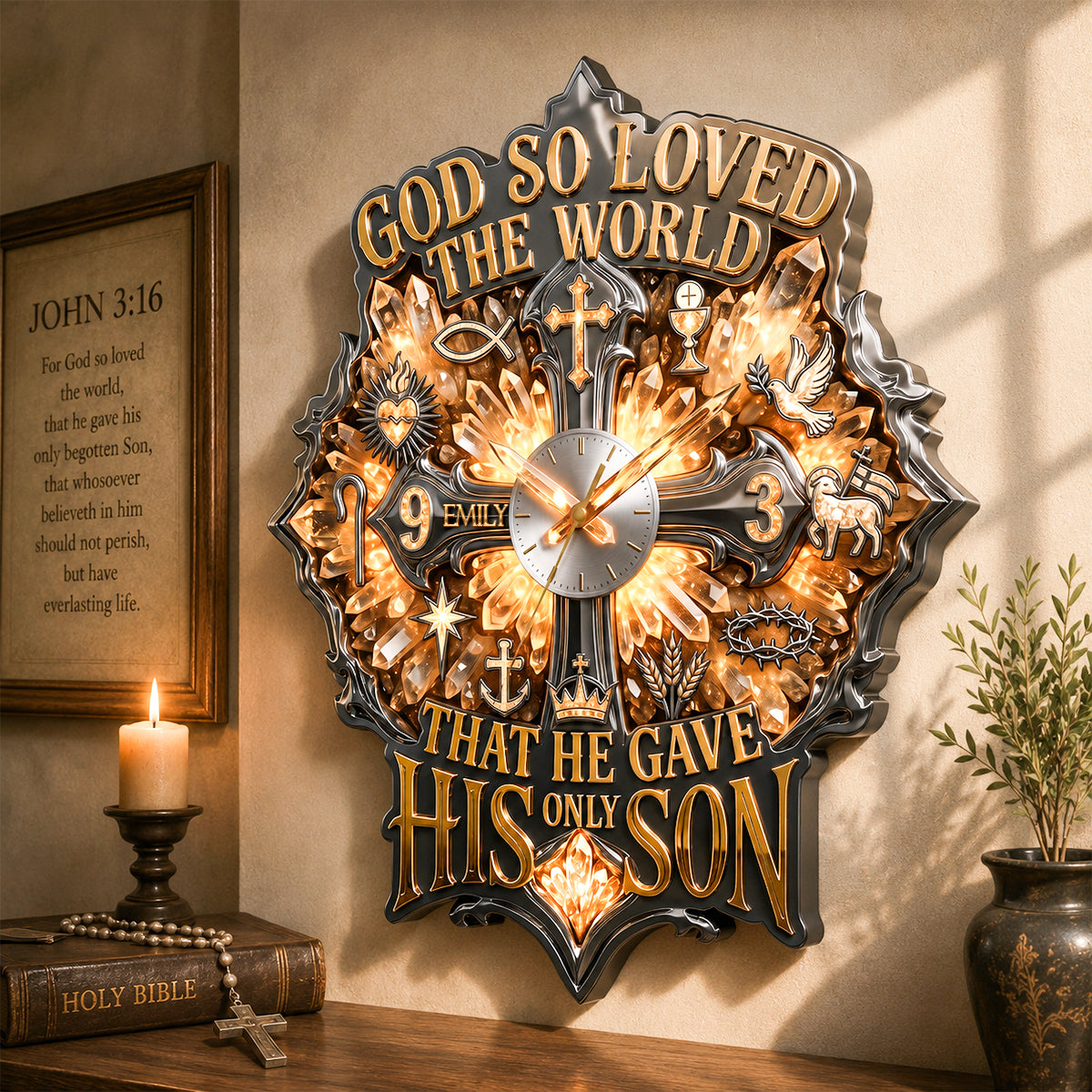 God So Loved The World - Personalized Faith & Grace Acrylic Wall Hanging Clock - Meaningful Gift for Christians, Friends, Family, and Loved Ones