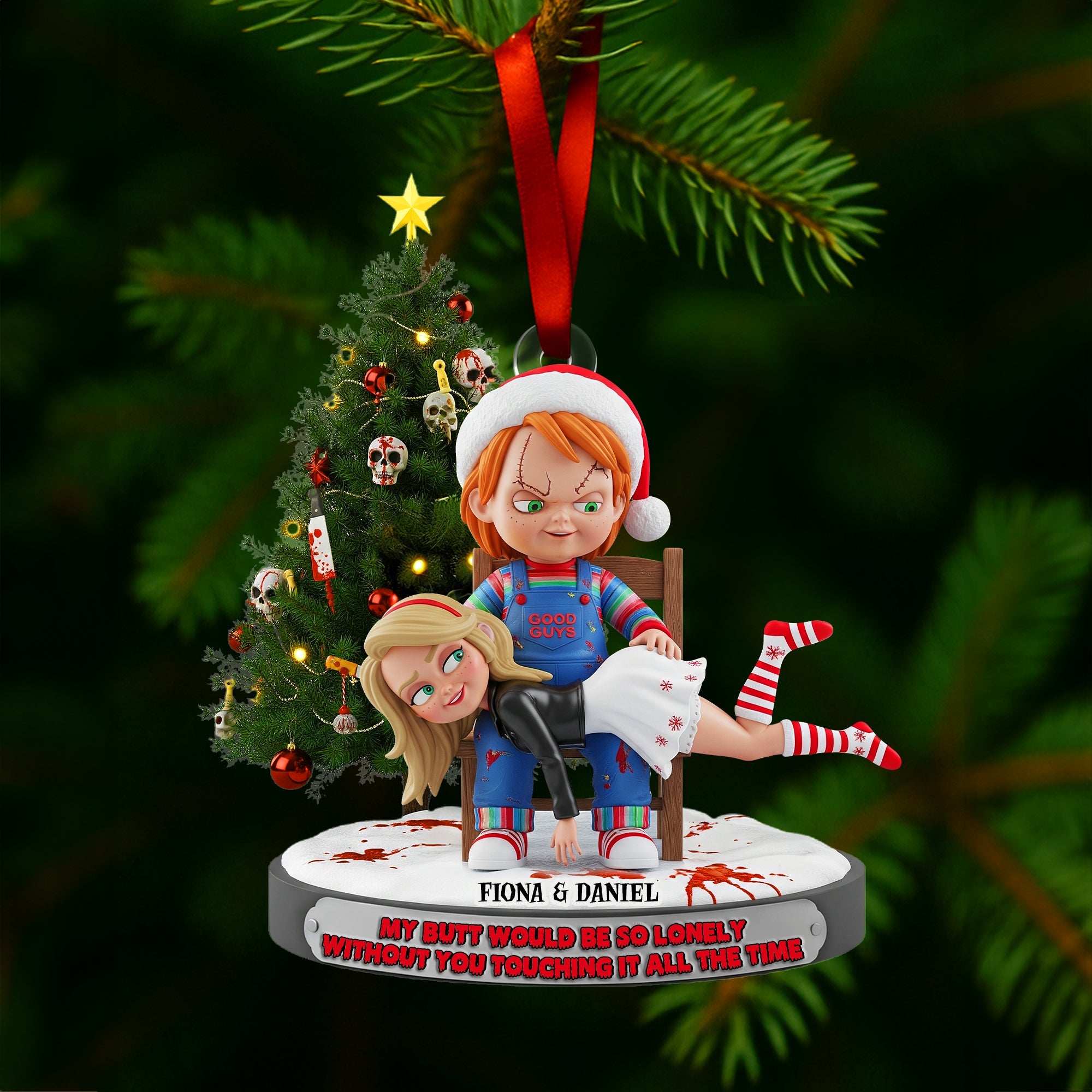 “My butt would be so lonely without you touching it all the time” - Mischievous Doll Couple Ornament - Customizable Christmas Gift for Couples Ornament PopCulturePrints