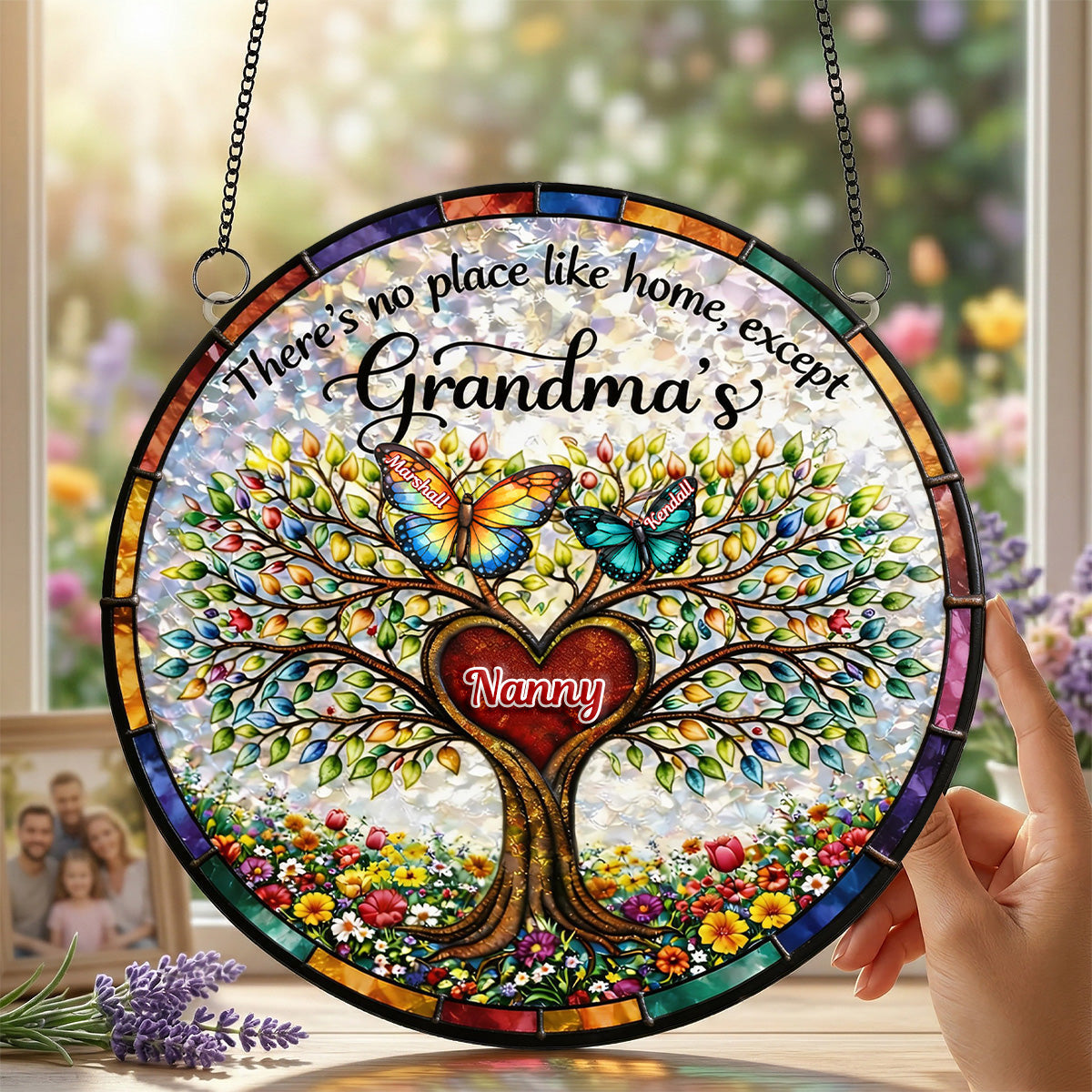 "There's no place like home, except Grandma's" - Personalized Butterfly Family Tree Suncatcher Ornament - Gift for Grandma, Mom, and Loved Ones Ornament PopCulturePrints
